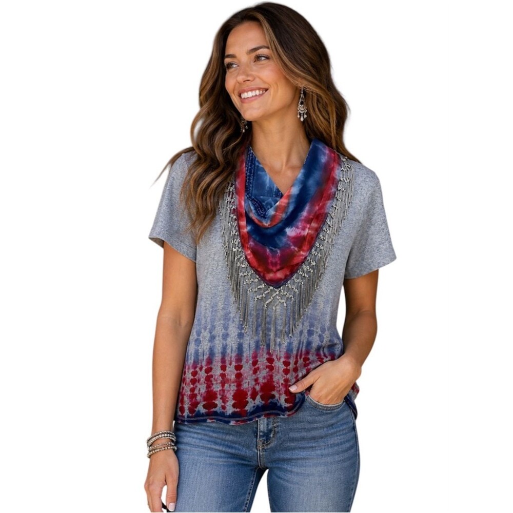 FARMERS MARKET Women’s Patriotic Top with Detachable Tie Dye Fringe Scarf